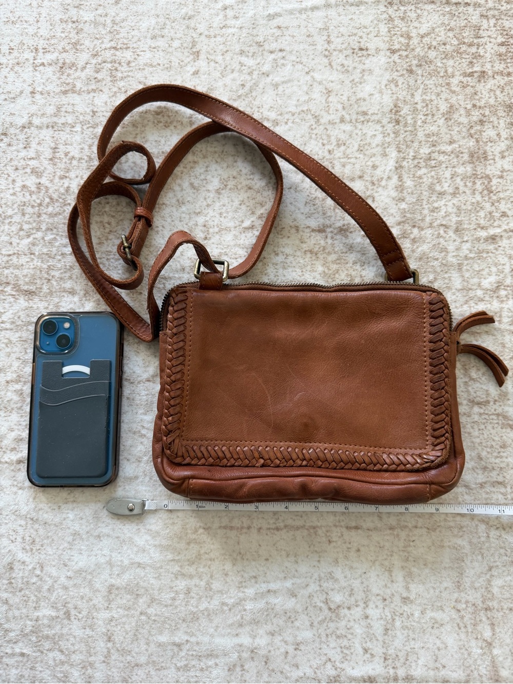 Genuine Leather Braided Trim Crossbody Bag – Boho Style, RN 75343
